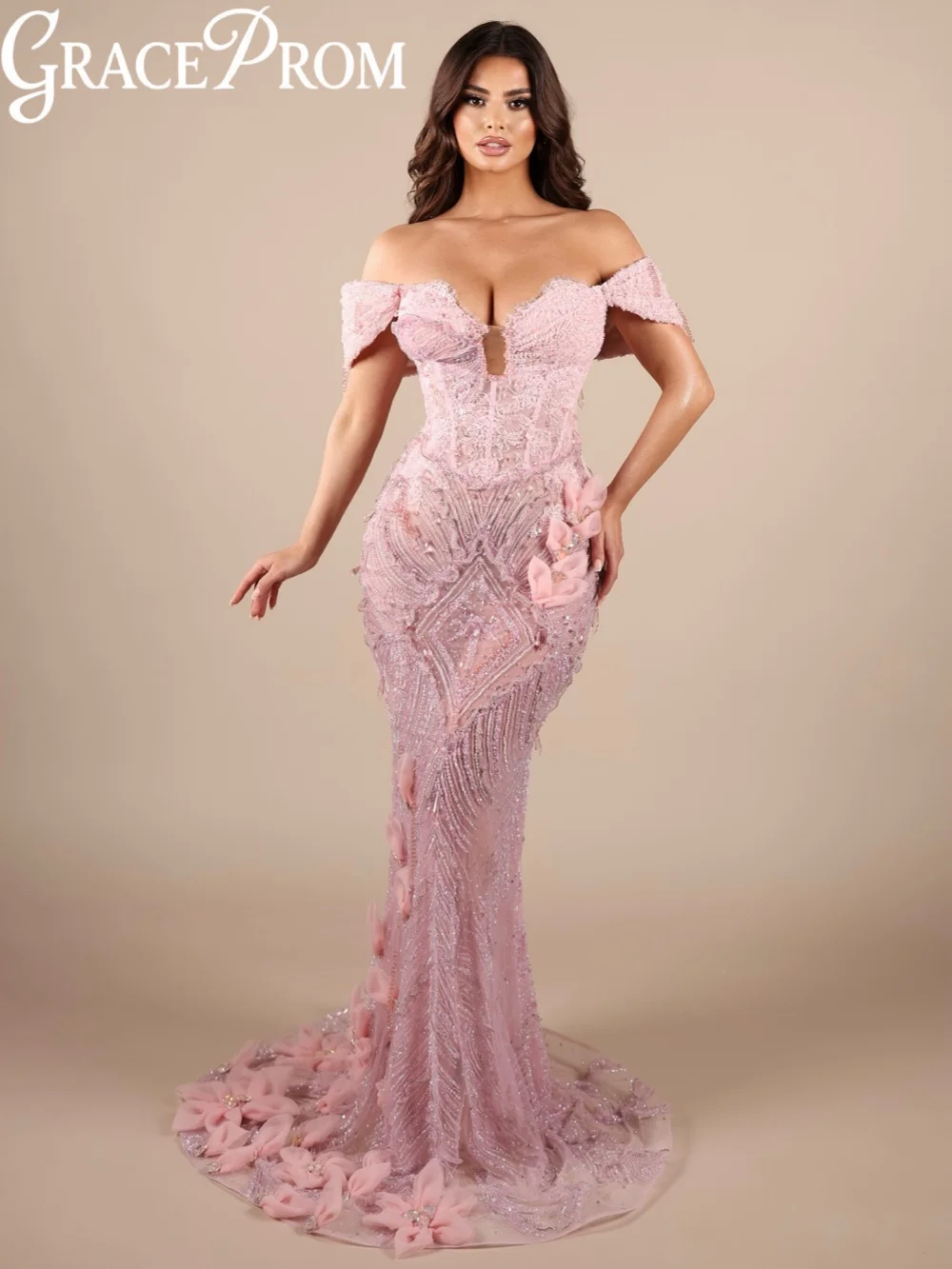 

Pink Dazzling Beaded Evening Dress Off Shoulder Illusion Long Wedding Party Gown Customized Opulent Chic Mermaid Prom Dresses