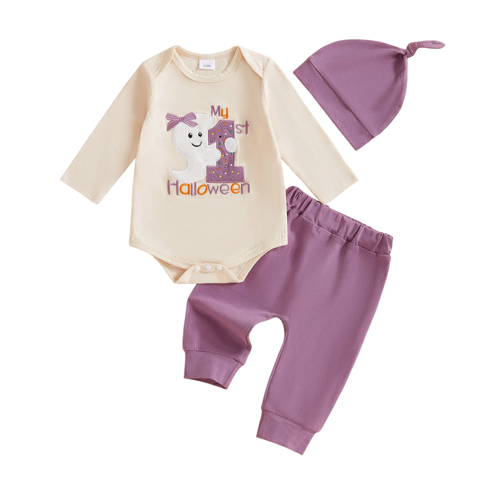 

Baby Halloween Outfits Cute Ghost Embroidery Long Sleeve Romper Pants Hat Set 3Pcs Infant Clothes