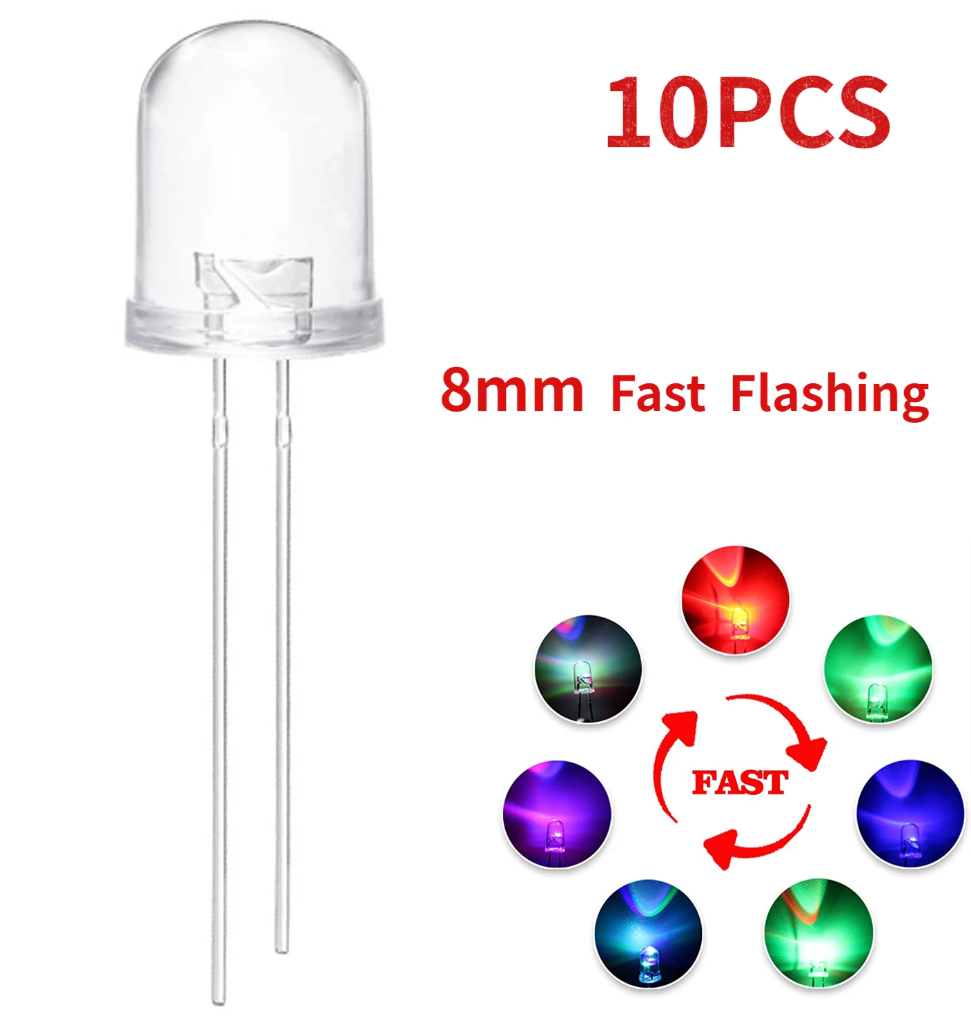 10pcs 8mm LED-Diode mehrfarbig RGB Fast Flash LED super helle Leuchtdioden transparente runde diffuse Blitzlampen