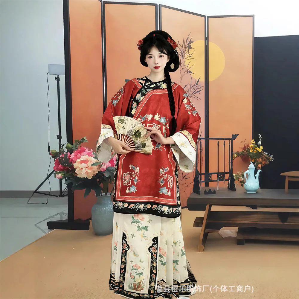 فستان نسائي من Qing and Han برقبة دائرية قطري ملابس عرقية عتيقة بطباعة ثقيلة تنورة وجه الحصان لربيع الخريف