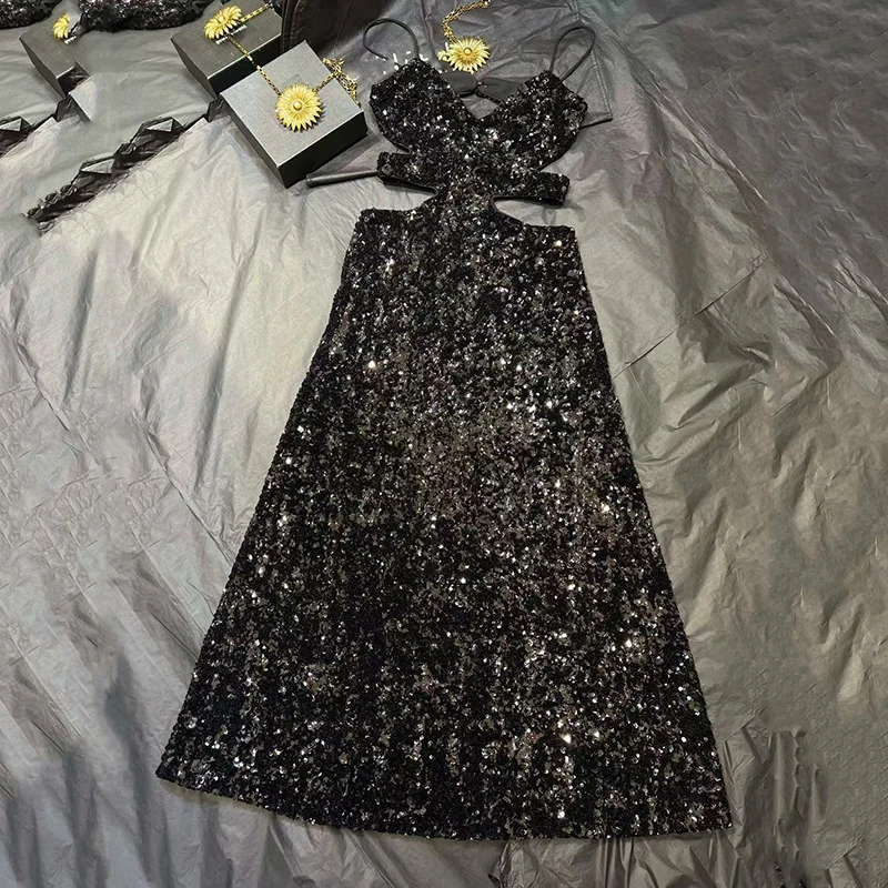 Women's Sequin Dress, Fashion Sexy Hollow Out Sparkling Banquet Dress, High Quality Long Dress, Fall, New, 2024, y2k