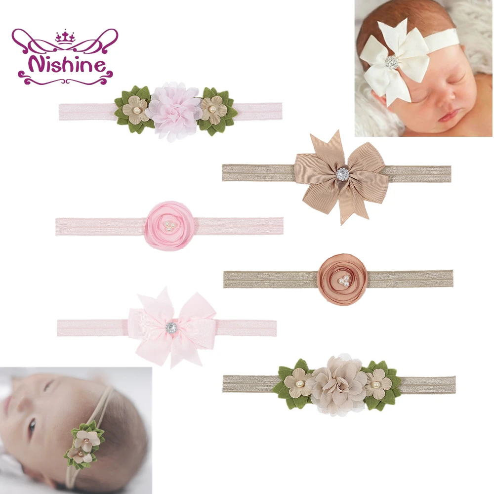 Nishine 3pcs/lot Ribbon Bows Knot Baby Girls Headband Elastic Chiffon Flowers with Rhinestone Pearl Hairbands Newborn Headwear