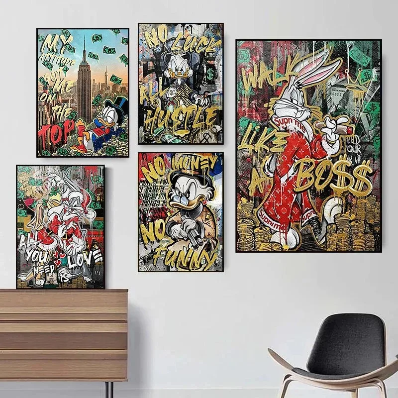 Disney Graffiti Canvas Painting Money Scrooge Mcduck Lovely Bunny Cartoon Poster Modern Wall Art Prints Picture for Home Decor