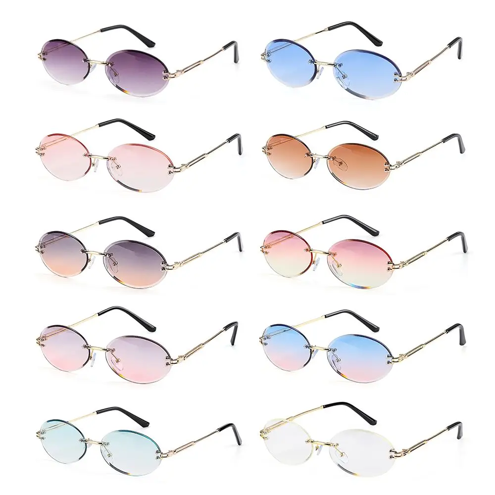 Fashion Rimless UV400 Protection Vintage Sunglasses Shades Oval Sunglasses Diamond Cutting Lens