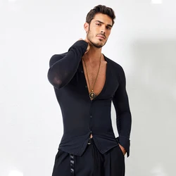 Latin Dance Clothes Practice Wear Mens Tops V-Neck Ballroom Dance Long Sleeve Shirt Male Salsa Chacha Competition Costume BL5067