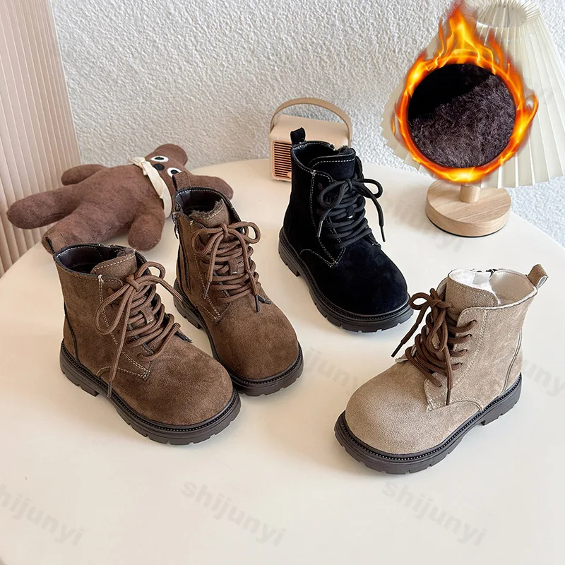 

Children's British Style Warm Hairy Short Boots 2025 Winter Boys' Retro Solid Versatile Plush Comfortable Cotton Platform Boots