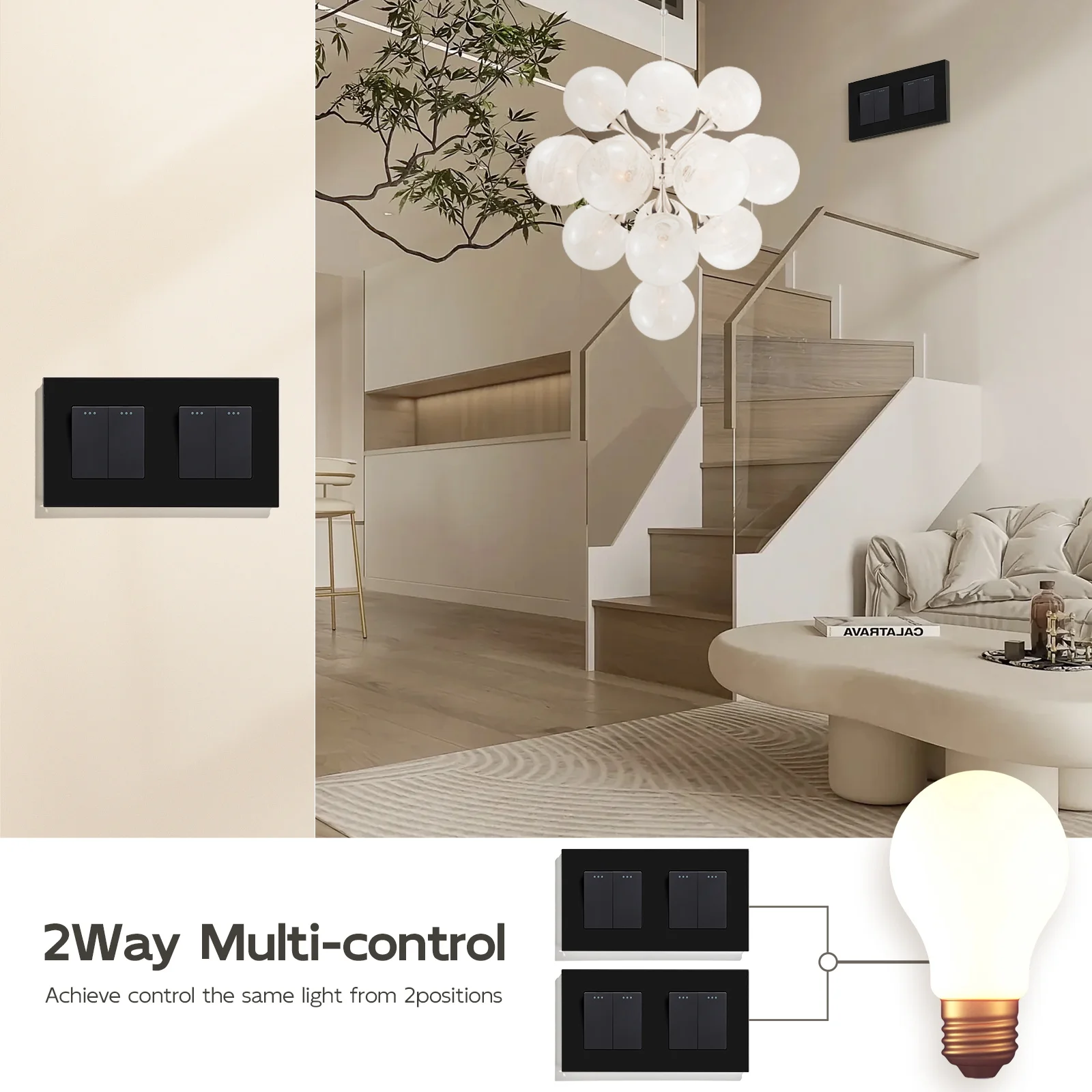BSEED 1/2/3Gang Mechanical Light Switches 2way For Stairs Corridors with EU Power Sockets USB Type-c Ports Glass Panel Black