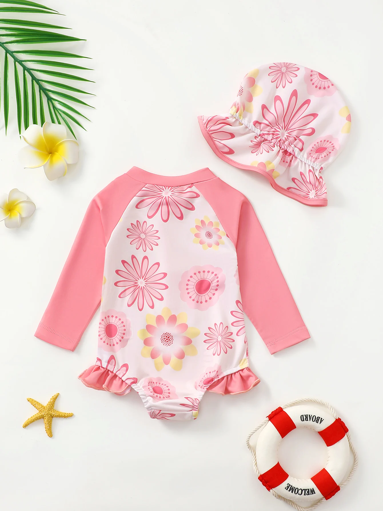 Baby Girl Summer Cute Flower Long Sleeve Onesie Swimsuit with Sun Hat Infant Swimming Suit with UV Protection 2 Baby Girl Summer Cute Flower Long Sleeve Onesie Swimsuit with Sun Hat Infant Swimming Suit with UV Protection 2