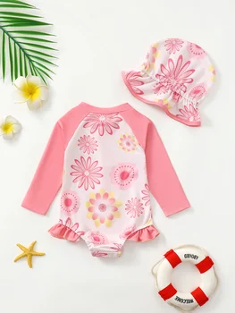 Baby Girls' Floral Long-Sleeve Swimsuit Set with Sun Hat | UV Protection 2 Baby Girl Summer Cute Flower Long Sleeve Onesie Swimsuit with Sun Hat Infant Swimming Suit with UV Protection 2