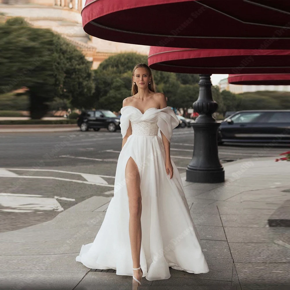 Vestidos De novia De línea a con hombros descubiertos para mujer, Vestidos De novia De princesa De tela satinada, longitud trapeadora, Vestidos De compromiso para mujer