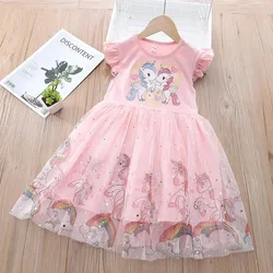 2024 New Summer Girls Dress For 2-6 Years Girls Birthday Clothes Cotton Cartoon Unicorn Splicing Mesh Party Princess Dresses