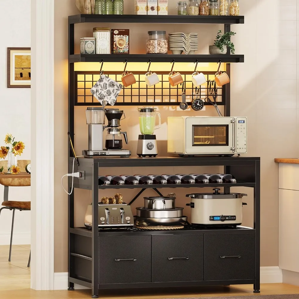 

Bakers Rack with Storage Drawers, Microwave Stand with Power Outlet and LED Lights, 35.4 inch Coffee Bar Cabinet, Customized