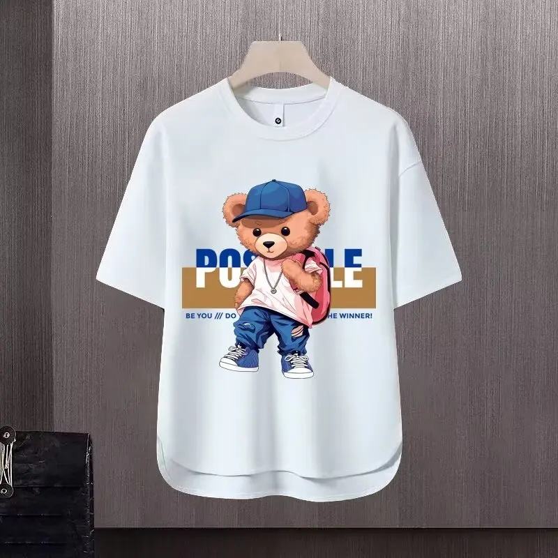 New Trend T Shirts Waffle Round Neck Short Sleeved T-shirt for Men's Short Sleeved Top Catoon Sport Tees Men Clothing 2024