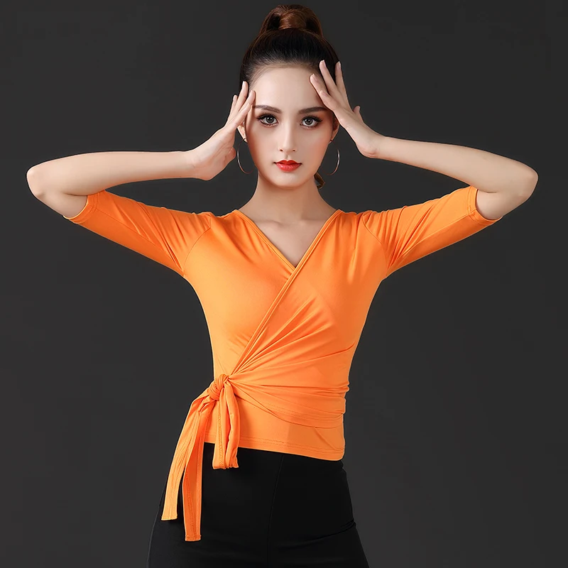 Latin Dance Practice Clothes Short-sleeved Tops Female Adult Summer Modern Dance Solid Color Lace-up Tee Dancing Wear For Girls