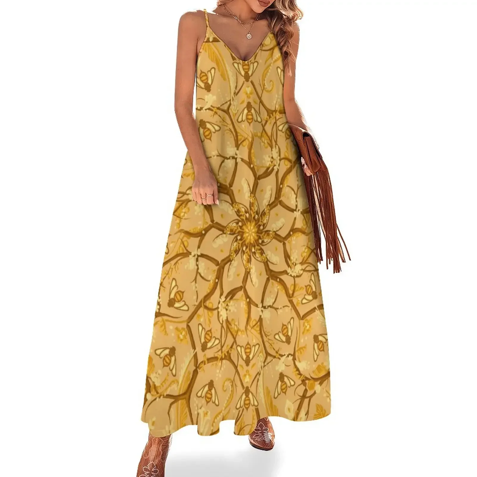 Bees and Honeycomb flowers Sleeveless Dress dress women dress