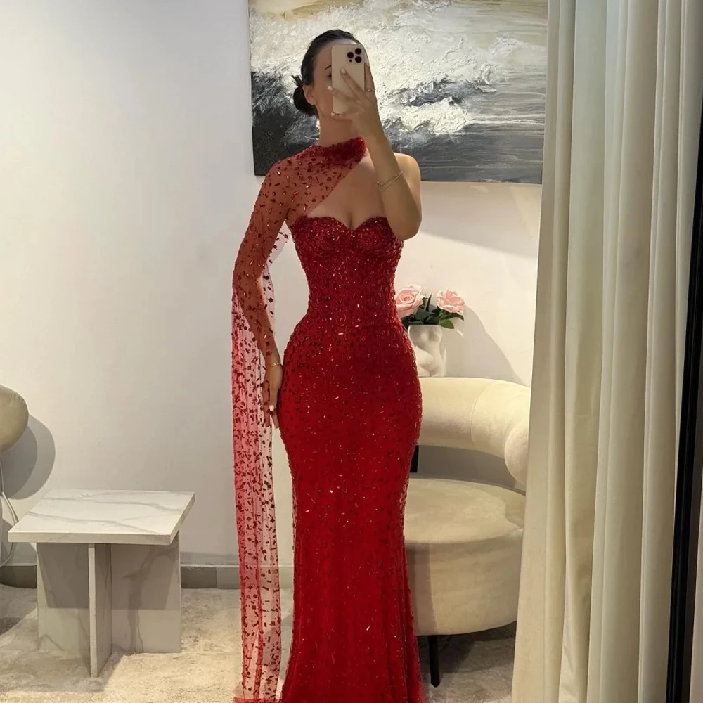 Vestidos De graduación sin mangas con purpurina De sirena roja personalizados, exquisitos con chal, Vestidos De Noche hasta el suelo, Noche Formal