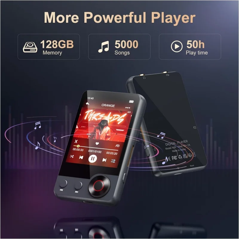 مشغل MP3 سعة 128 جيجابايت (مع بلوتوث 5.3)، مشغل موسيقى محمول بشاشة لمس كاملة 2.4 بوصة (مع مكبرات صوت وفتحة لبطاقة Micro SD)