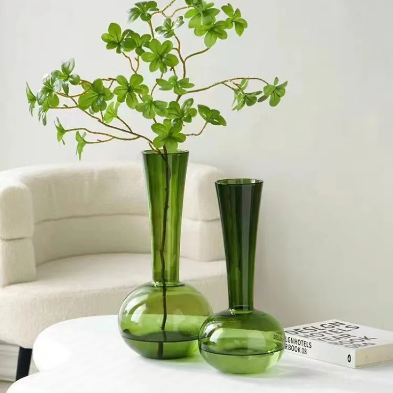 French Style Light Luxury Glass Vase Olive Green Handmade Vase Artistic Flower Planter Living Room Desk Decor Home Decoration