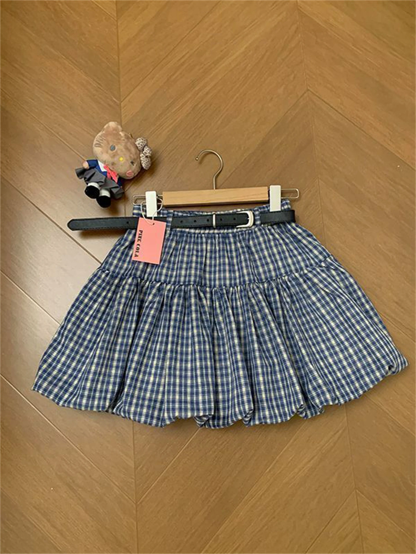 Koreaanse Sle Hoge Taille Geruite Bloemknop A-lijn Rok Dames Faion Lente Herfst Seizoen Ademend Comfortabel Polyes...