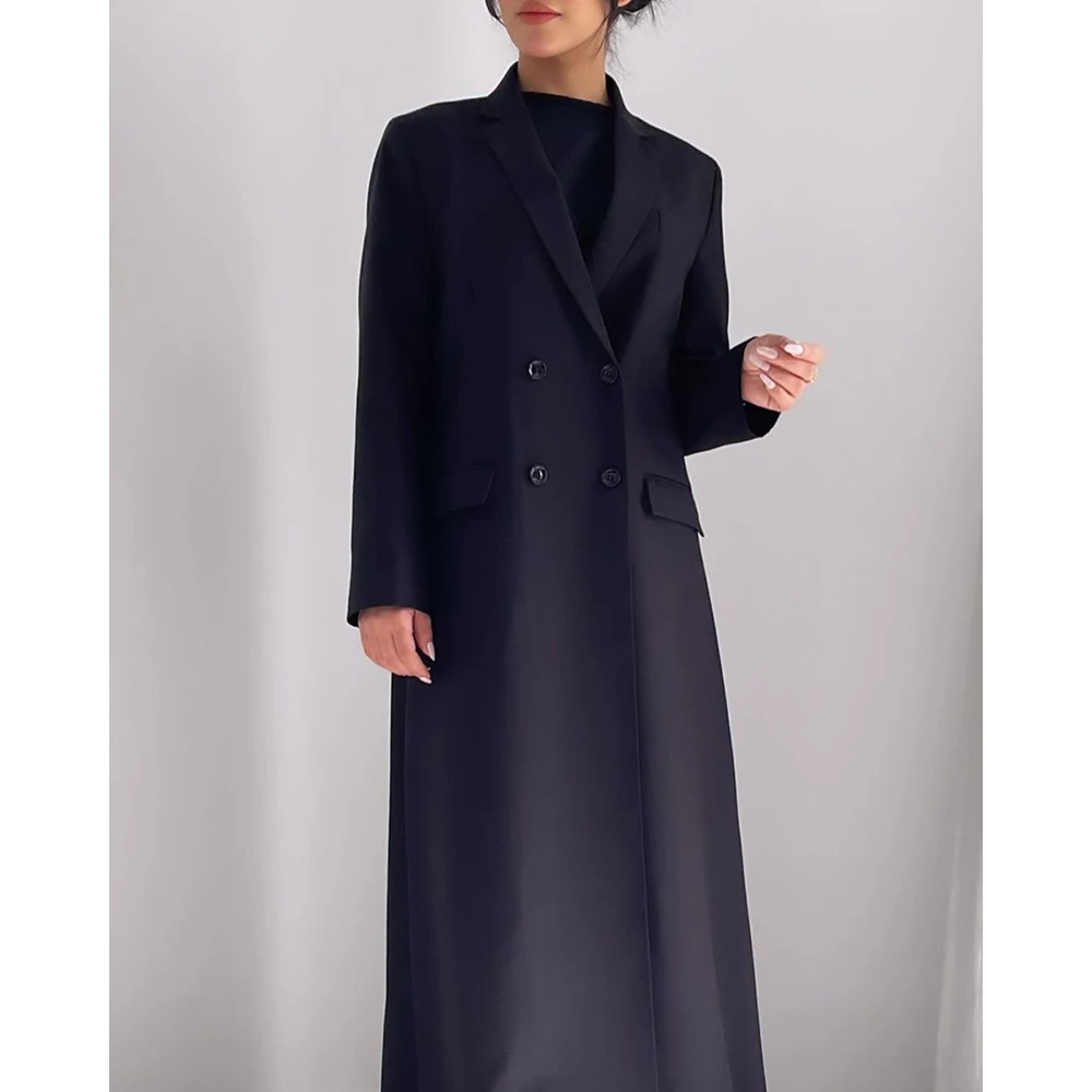 Navy Blue Double Breasted Women Blazer Long Jacket 1 Piece Formal Office Coat Luxury Dubai Abaya Outerwear Clothing 2024