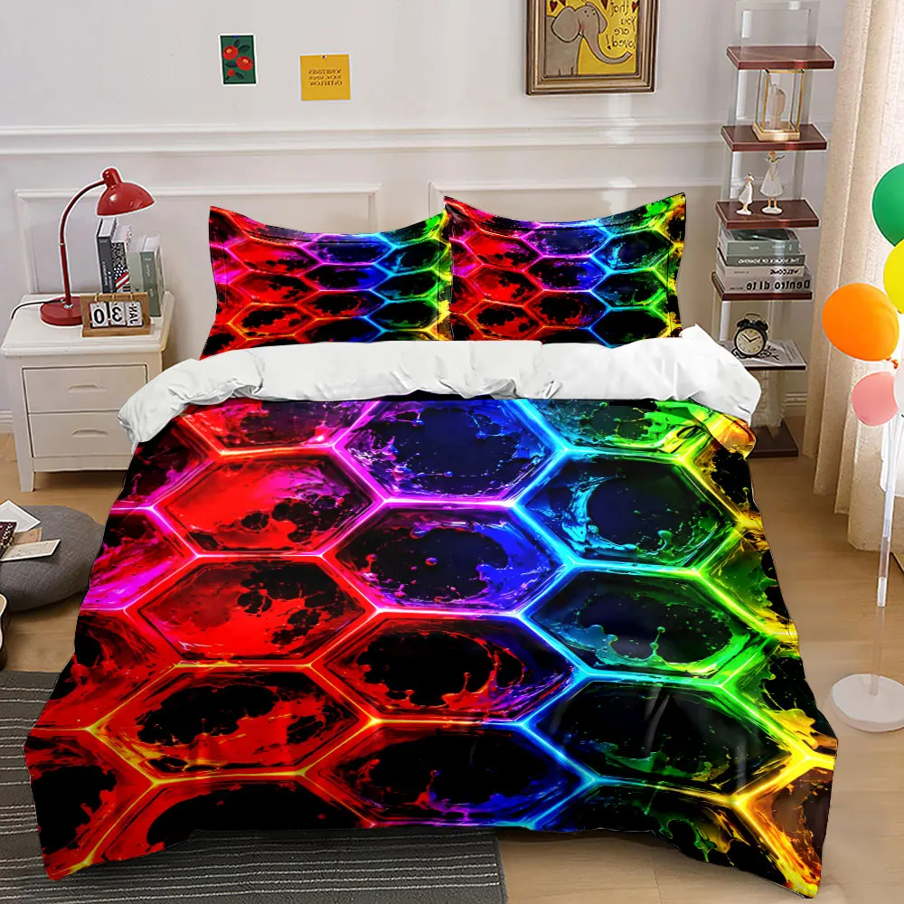 Colorful Hexagon Pattern Design Print Bedding Set 1 Duvet Cover 2 Pillowcases for Adult and Children Luxury Gift Full Size