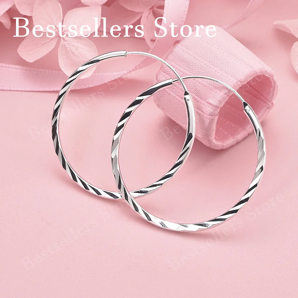 925 Sterling Silver 35/50mm Exquisite Twisted Round Earrings for Women Fashion Party Favors Jewelry Wedding Accessories