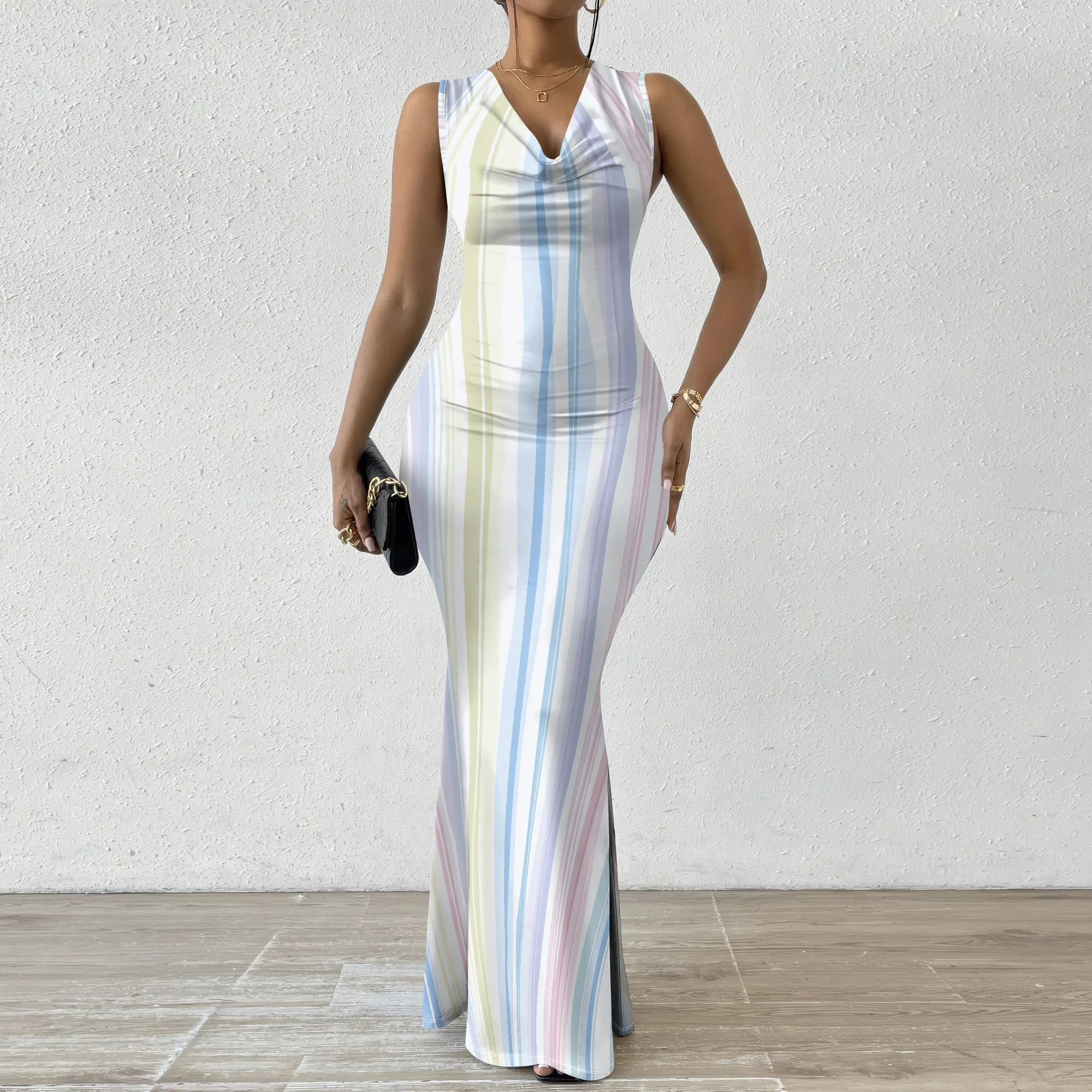 

Women's Cowl Neck Maxi Dress Sleeveless Striped Bodycon Mermaid Dress Elegant Party Wear XS-2XL
