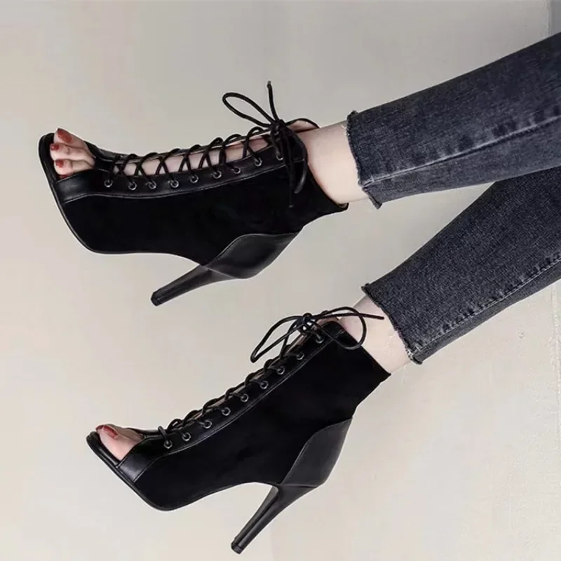 Black Summer High Heels Ankle Boots for Women 2024 Spring Peep Toe Lace Up Pumps Party Jazz Dance Shoes Suede Ladies Large Size