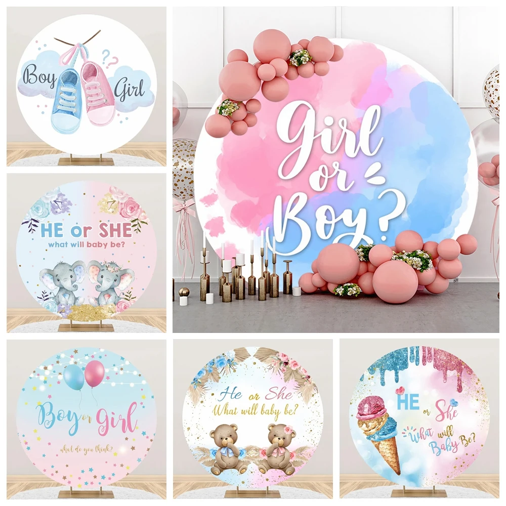 Boy or Girl Gender Reveal Round Backdrop For Photography Bear Elephant Baby Shower Birthday Party Circle Background Photo Studio