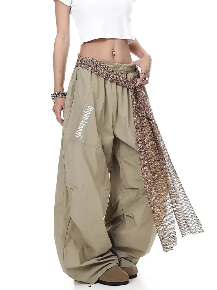 

Women Streetwear Wide Leg Pants Vintage Sequined Belt Letter Hip Hop Paratrooper Trouser Loose Sports Jazz Dance Scimitar Pants