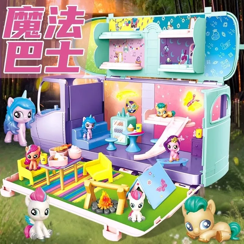 Genuine Cartoon Animation My Little Pony Magic Bus Big Set Children's Day Gift Children's Play House Toy Model Bus Girl Gifts