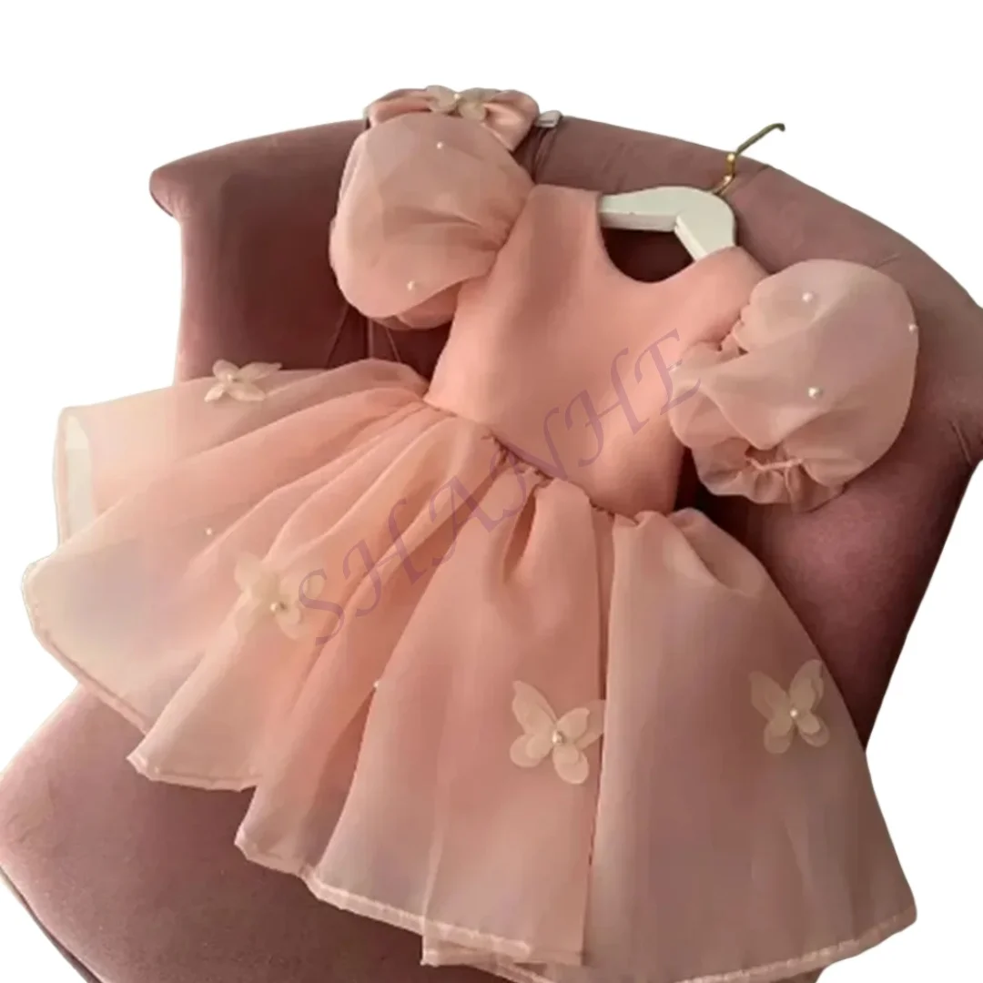 Abiti da ragazza di fiore rosa personalizzati per farfalle da sposa Perle maniche corte con fiocco Abito da prima comunione per festa di compleanno