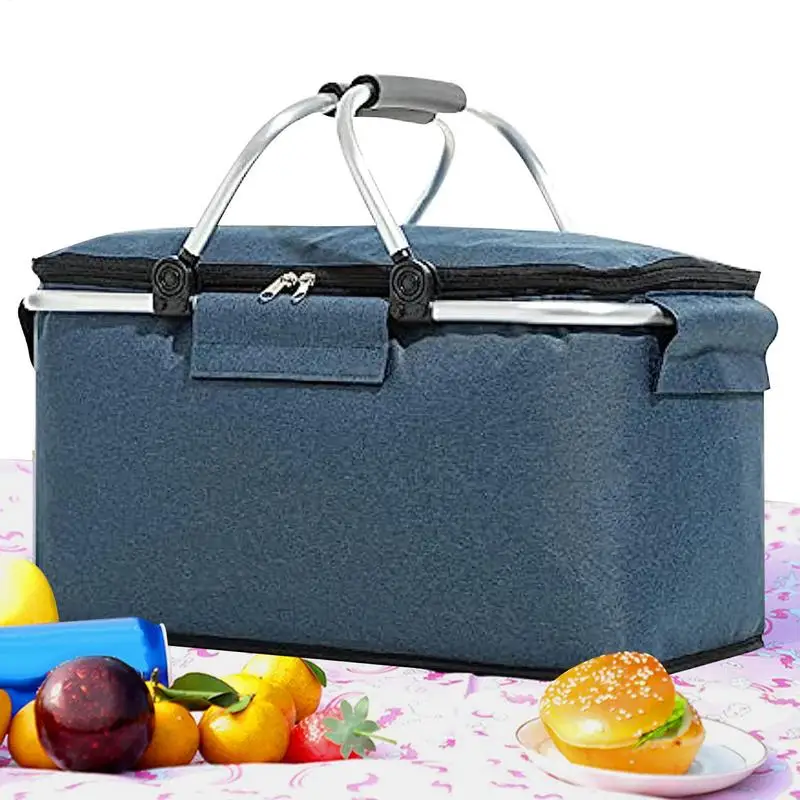 Picnic Insulated Picnic Basket Foldable Picnic Cooler Portable Storage Basket With 2 Handles Outdoor Camping Travel Picnic Bag