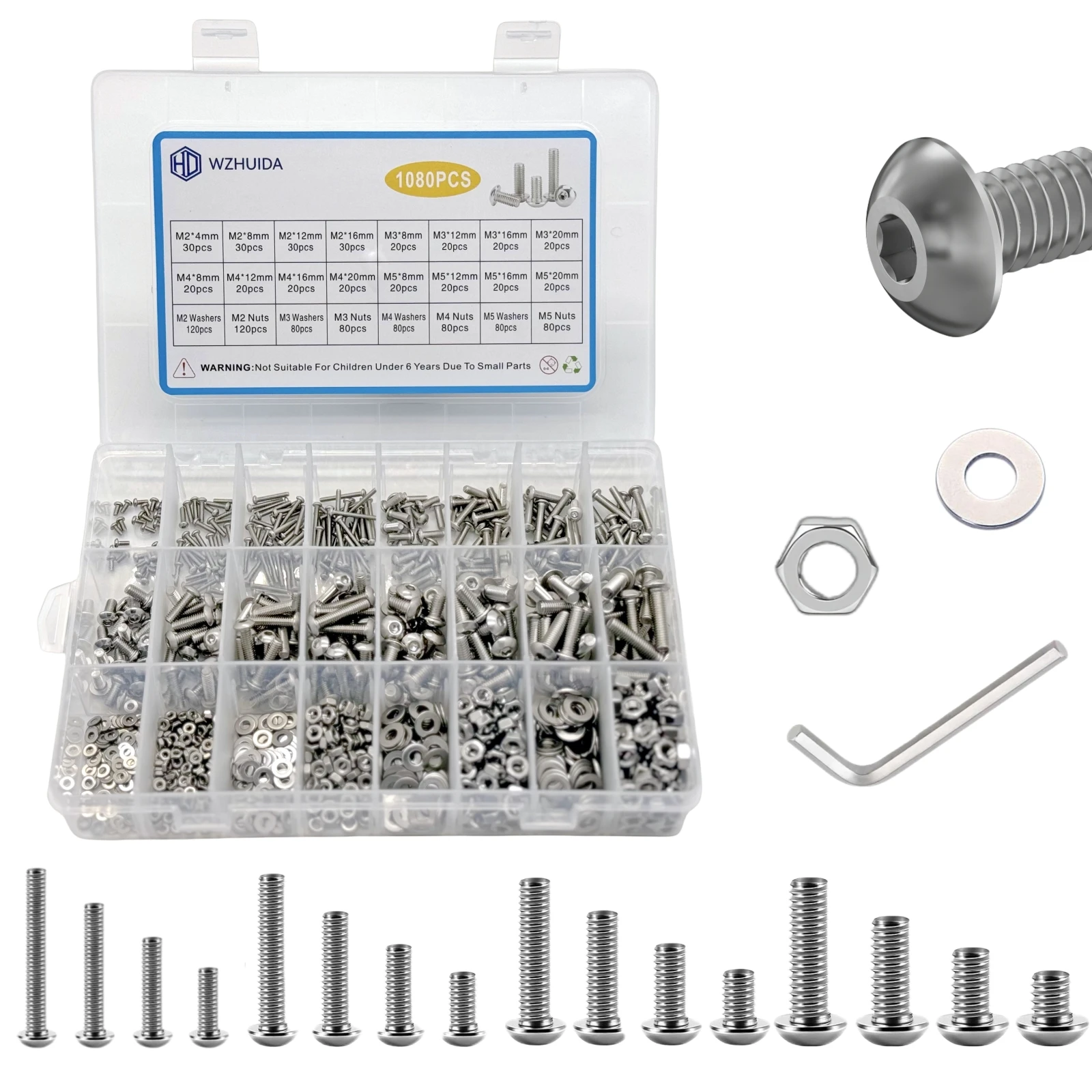 

1080Pcs M2 M3 M4 M5 Screw Assortment, Metric Hex Socket Button Head Bolts, Stainless Steel Screws Nuts and Washers with Wrenches