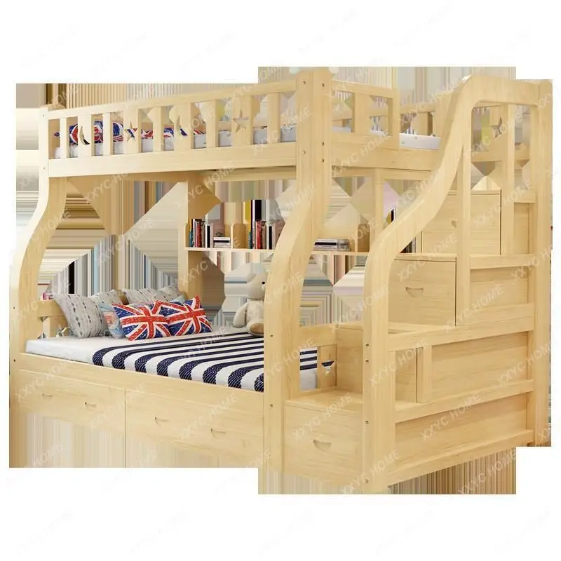 Bunk Bed Height-Adjustable Bed Solid Wood Tiered Cabinet Wide Parent-Child Bed Double-Layer Upper and Lower Bunk