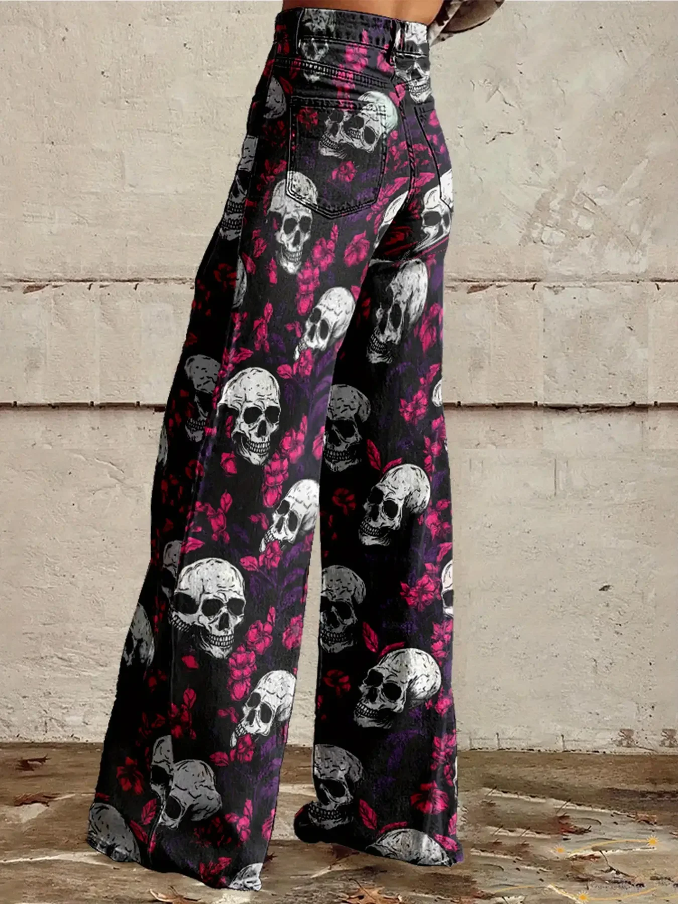 

Women's new printed retro jeans imitating denim fabric, casual and fashionable, Horror Skull Printed Pants