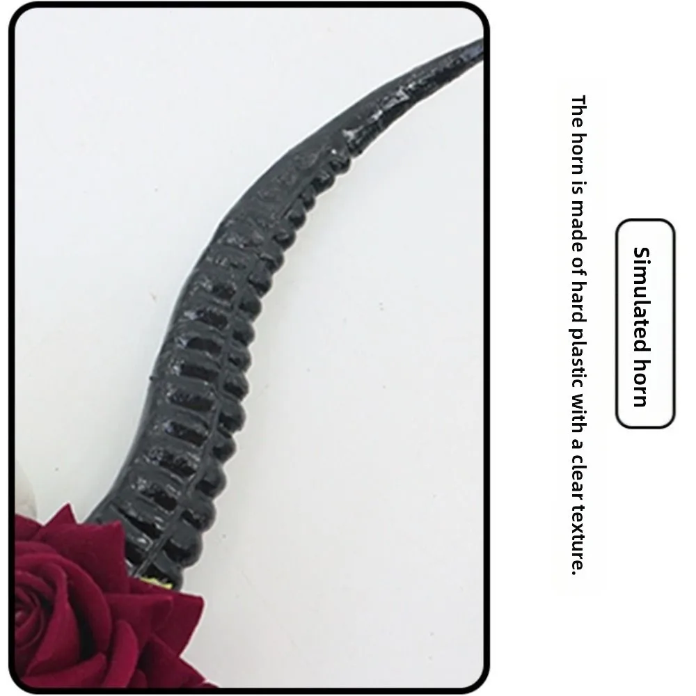 

Halloween Ox Horns Headband Gothic Style Skull Sheep Horn Hairband Flowers Design with Neckband Red Rose Headband