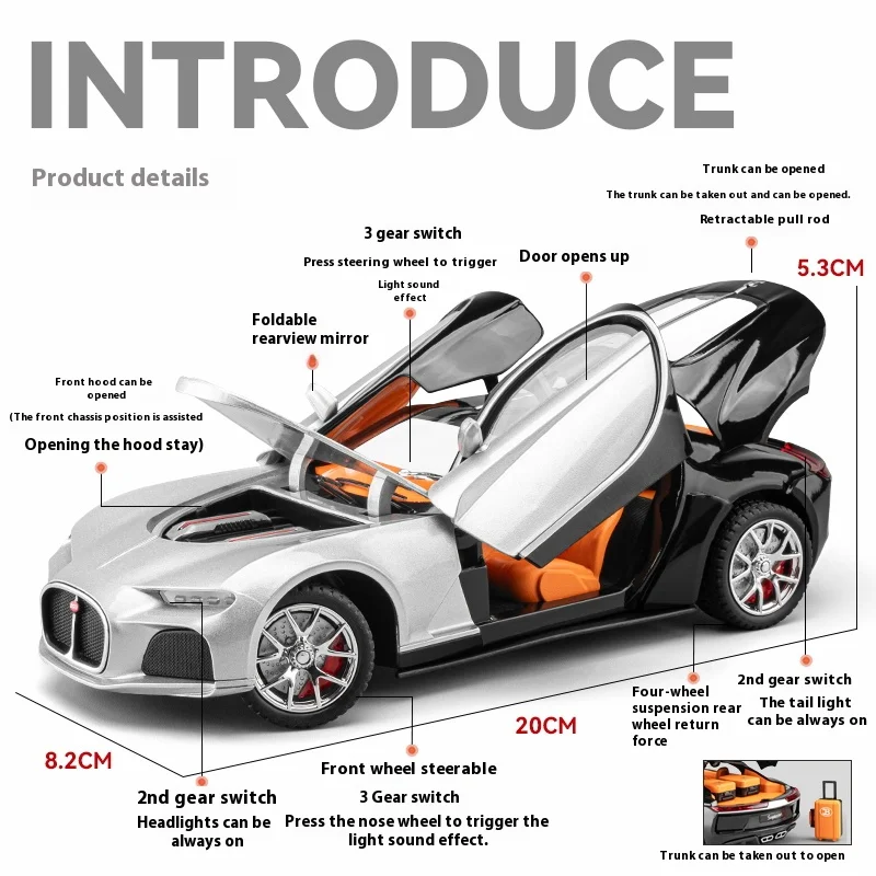1:24 Cool Track-Sportwagen-Legierungsmodell, sanfte Beleuchtung, simulierter Soundeffekt, Kollisionsbeständigkeit und Fallbeständigkeit
