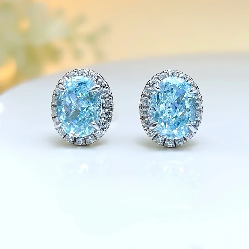 Sea Blue Treasure Ear Studs, Dan-shaped Daily niche Design, 925 Silver Plated High Carbon Diamond Wedding Jewelry