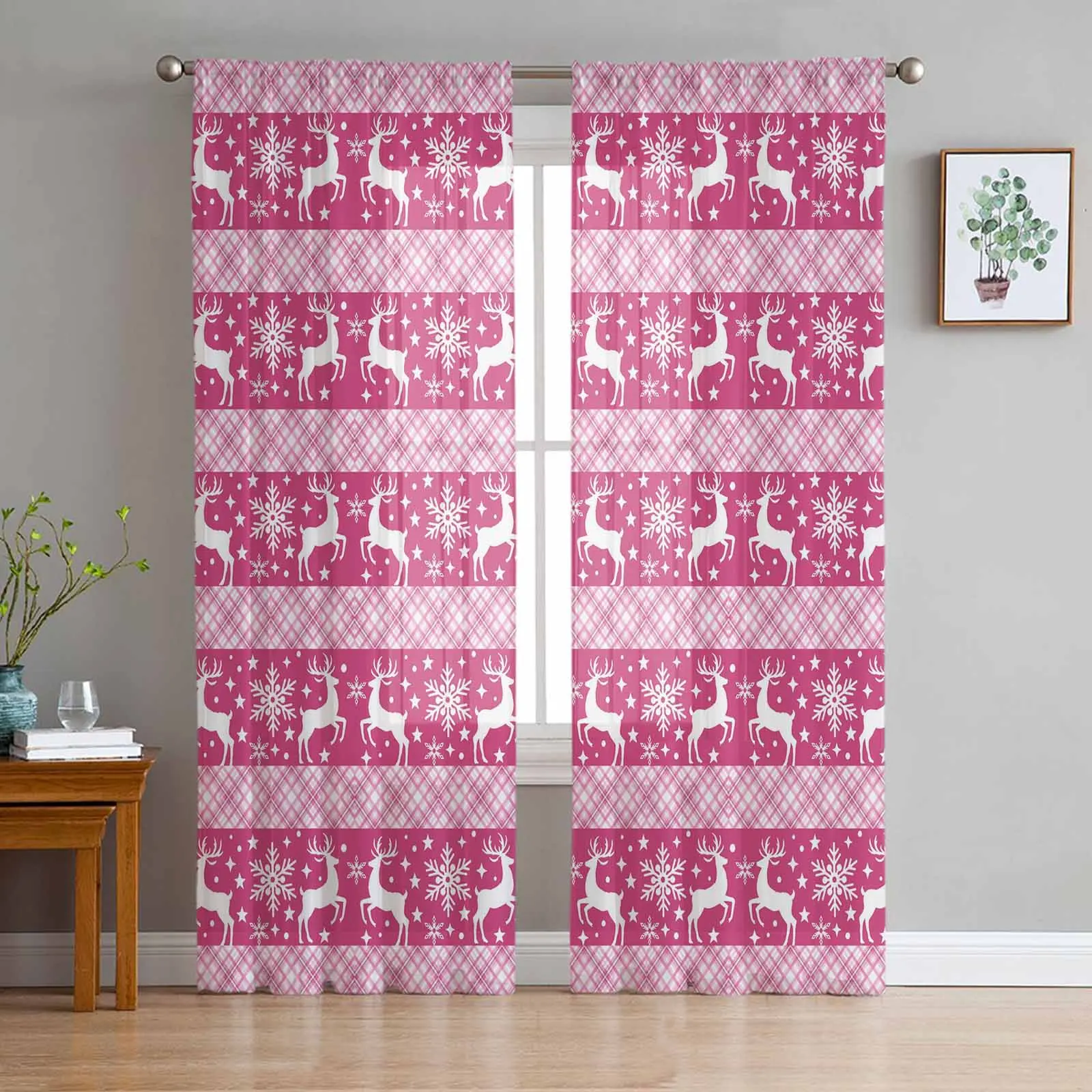 

Christmas Pink Plaid Deer Snowflake Sheer Tulle Window Curtains for Living Room Bedroom Kitchen Treatments Panel Drapes