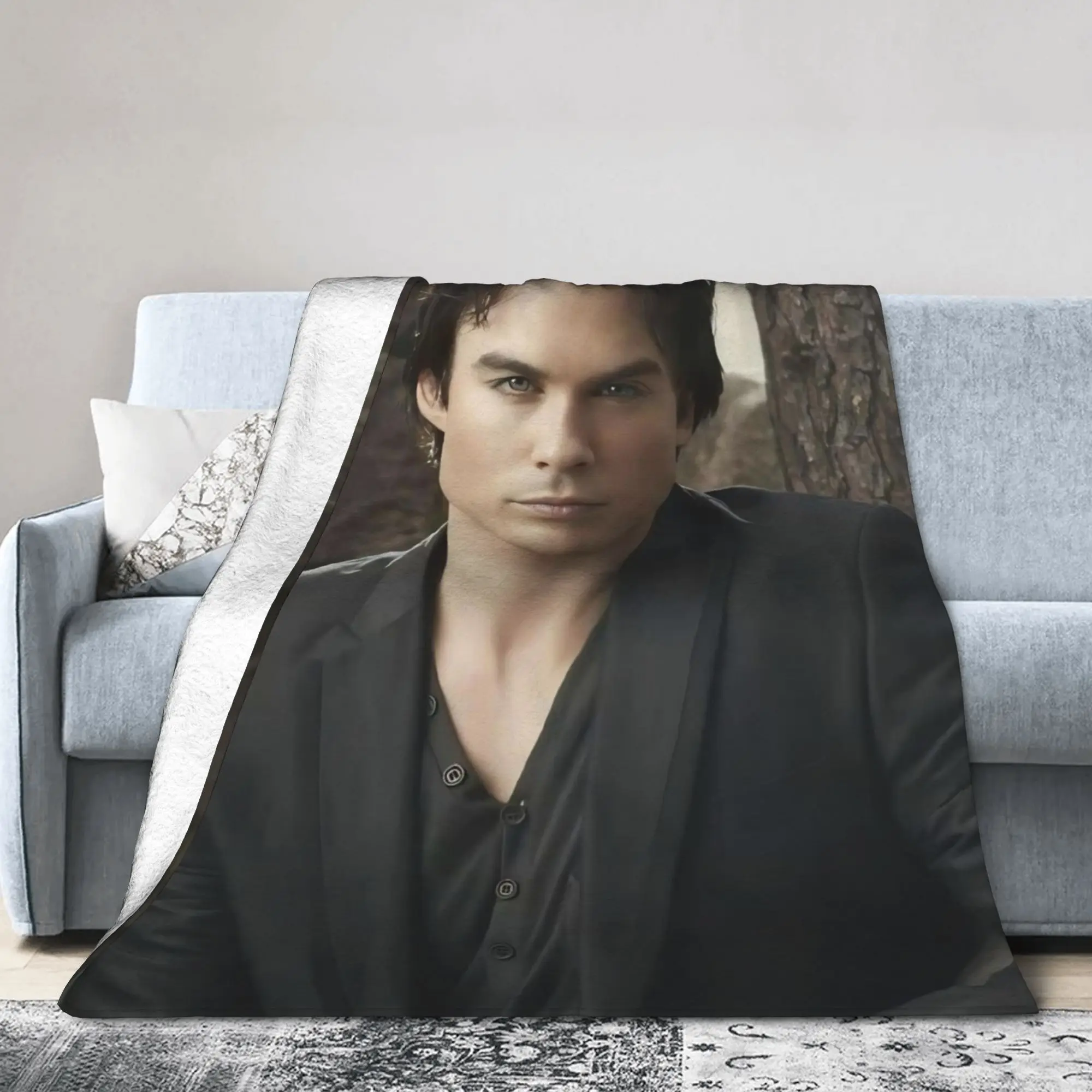 Damon Salvatore The Vampire Diaries Blanket Velvet Decoration Portable Warm Throw Blanket for Bed Travel Bedding Throws