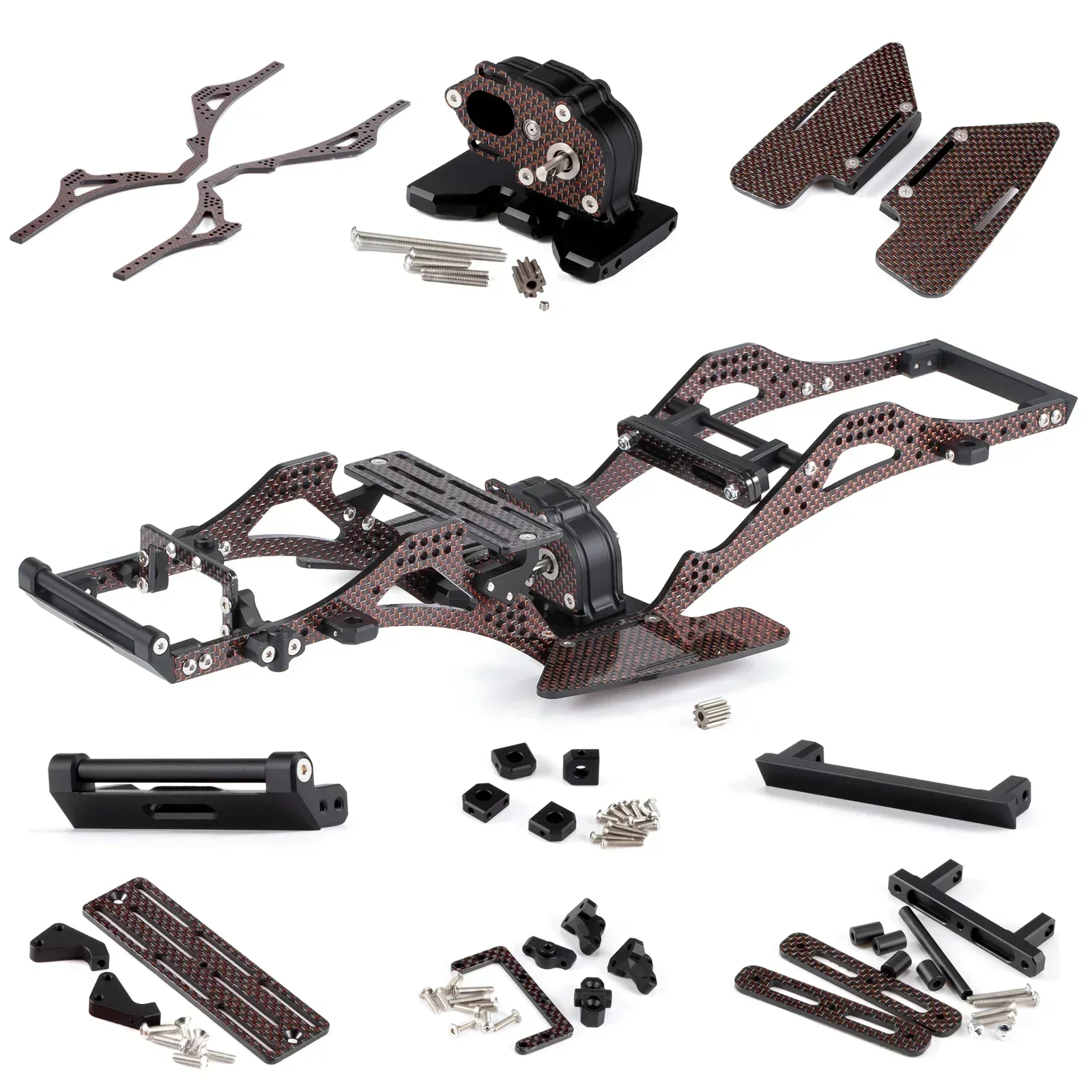 1/10 LCG Chassis Kit, 9 in 1 Gloss Carbon Fiber LCG Frame with Gearbox Cab Hinge for 1/10 RC Crawler Cheater Rigs SCX10 Capra