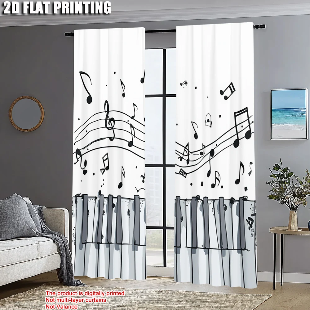 2pcs,2D plane printing Print Curtains Classic Piano & Musical Notes Versatile Polyester Fabric (without rod) Festive for