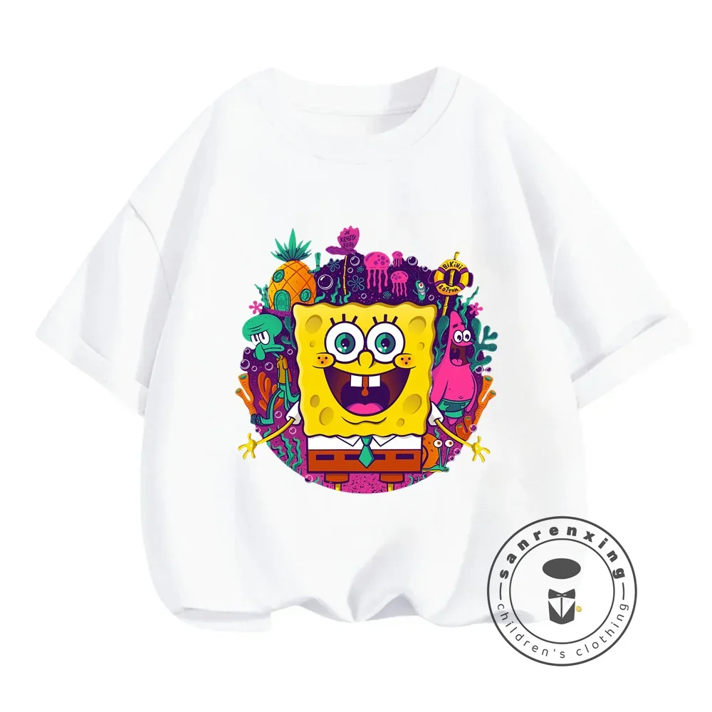 Hip-Hop Style SpongeBob Print T-shirt for Children Cute Cartoon Design Perfect for Boys and Girls to Enjoy Summer in Style