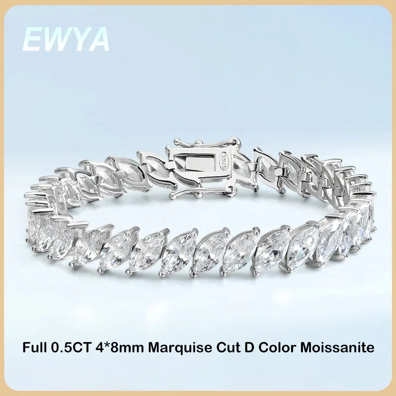 EWYA Full 4*8mm 0.5CT D Color Marquise Cut Moissanite Tennis Bracelet for Women 925 GRA Certified Horse Eye Link Bracelets Gift