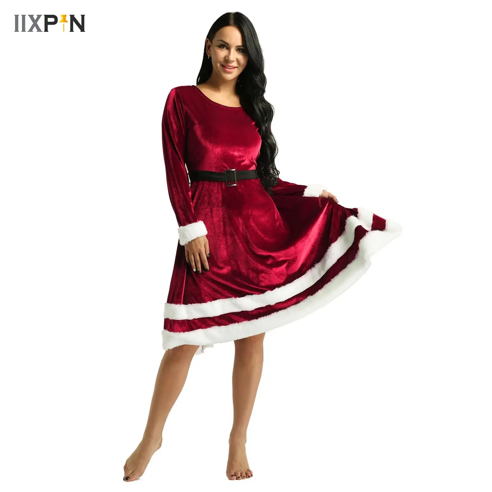 

Womens Christmas Dress Mrs Santa Claus Cosplay Costumes Ladies Soft Velvet Long Sleeves Fancy Party Dress for Xmas Performance