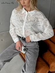 Mnealways18 White Jacquard Weave Oversized Shirts Office Ladies Lapel Casual Classic Perspective Blouses And Tops Autumn 2024