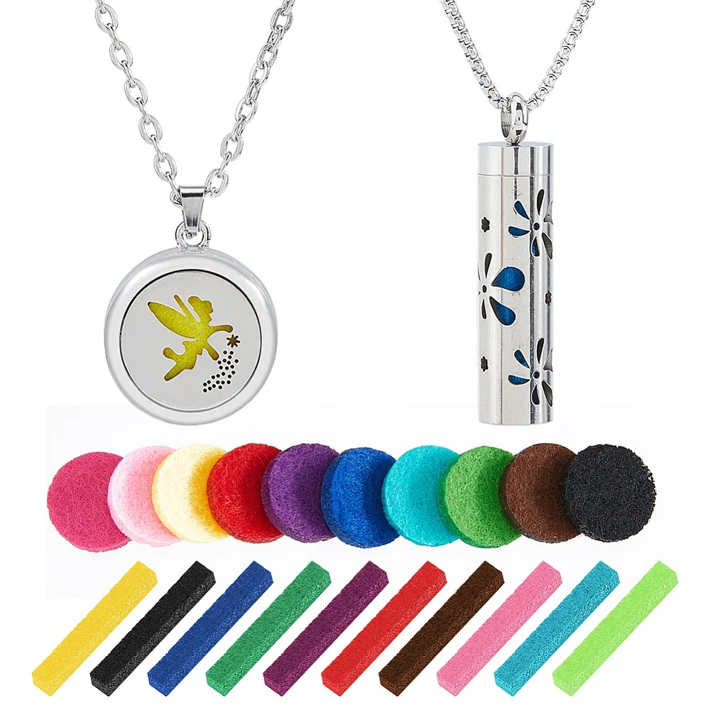 

2Pcs 2 Styles Anti-Stainless Steel Flat Round Locket Necklaces Perfume Bottle Necklaces with 20Pcs Sponge Perfume Pads