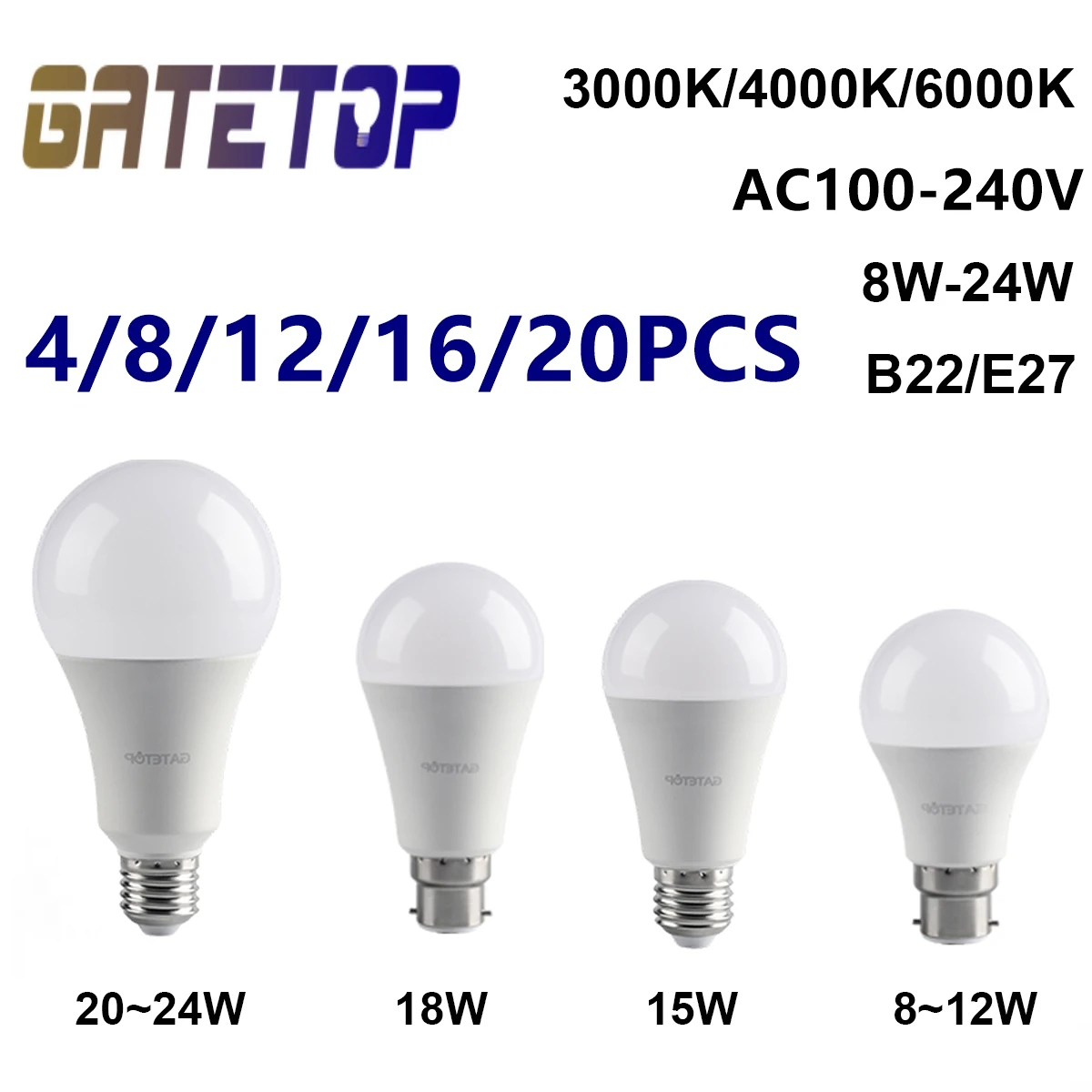 4-20PCS Led energy conservation Bulb Lamps AC110V/AC220V 8W-24W E27 B22  Light Real Power  No strobe warm white light