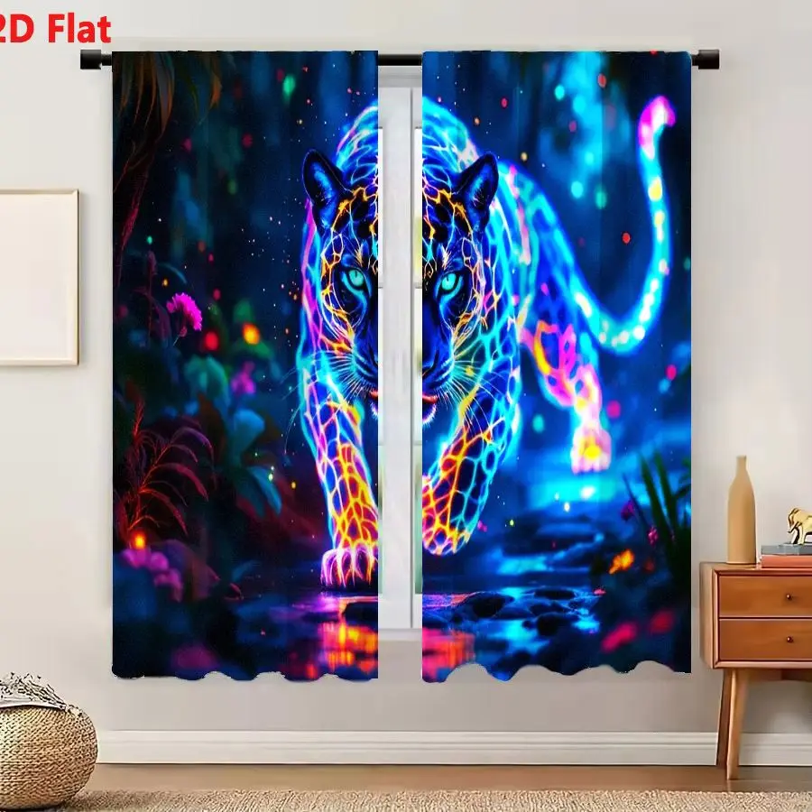 2Pcs Curtains 2D Flat Glowing Neon Jaguar With Circuitry Patterns In Mystical Forest Window Drapes for Bedroom Room Decor Decora